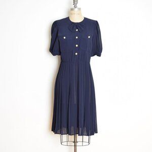 vintage 80s dress navy blue pleated bow military secretary midi tea dress M